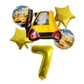 Close-up of a 6-piece forklift theme balloon set with gold number 7 for birthday party - Number 7 Style