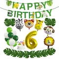 Jungle dieren thema verjaardag decoratie set met letterbanner en folie ballonnen - Cijfer 6