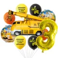 Bouwfeest ballonnenset met kraan, goud nummer 3 en kleurrijke latex ballonnen voor kids - Kraan met Nummer Ballonnen Set
