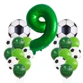Soccer themed 9th birthday balloon set with green number 9 and football foil balloons - Number 9