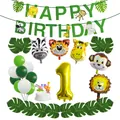 Jungle safari 1e verjaardag set met dierenballonnen en groene Happy Birthday banner - Cijfer 1