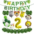 Jungle safari dieren 2e verjaardag decoratie set met groene banner en goud nummer 2 - Cijfer 2