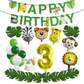 Jungle safari dierenthema 3e verjaardag set met ballonnen en groene blad banners - Cijfer 3