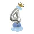 Silver number 4 foil balloon with gold crown and blue latex balloon stand for 4th birthday - Blue - Number 4