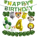 Dierenthema 4e verjaardag set met leeuwenballonnen en groene happy birthday slinger - Cijfer 4