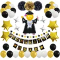 Kit déco remise de diplôme avec ballons étoiles noir et or et bannière Congrats Grad - Ensemble Thème Graduation