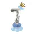 Silver number 7 foil balloon set with golden crown and blue latex balloon base decoration - Blue - Number 7