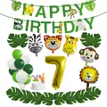 Jungle dieren verjaardagsfeest set met gouden cijfer 7 ballon en groene slingers - Cijfer 7