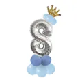 Silver number 8 balloon set with gold crown and blue base for birthday party decoration - Blue - Number 8