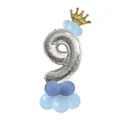 Silver number 9 foil balloon kit with gold crown and blue balloon stand for boy's birthday - Blue - Number 9