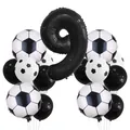 Soccer themed 9th birthday party kit with black foil number nine and football balloons - 9 / Number 9 Style (9) / 17-Piece Set