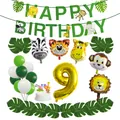 Jungle safari verjaardagsset met Happy Birthday banner, dierenballonnen en gouden cijfer 9 - Cijfer 9