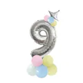 Silver number 9 foil balloon kit with star topper and macaron color base for birthday party - Yellow - Number 9