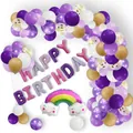 Pastel rainbow macaron balloon arch kit with purple balloons and Happy Birthday banner - Purple Gradient Rainbow Cloud
