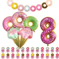 Donut and ice cream foil balloon set with number 8 and birthday banner on white backdrop - Number 8