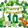 Dinosaur 10th birthday party set with green balloons, banner and foil number 10 - Double Digit Style