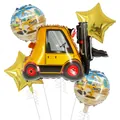 Set di 5 palloncini in alluminio a tema cantiere con carrello elevatore e stelle d'oro - Combo Palloncino Carrello Stella Tondo A