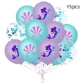 Detail view of 15pcs mermaid themed latex balloons with glitter and ocean shell patterns - Ocean Theme Style (浅蓝亮片1)