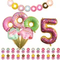 5th birthday party kit with donut balloons, number 5 balloon, and dessert cake toppers - Number 5