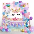 Unicorn theme party set with pink background, number 4 balloon and rainbow table skirt - Unicorn Balloon Arch With Number 4