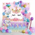 Unicorn theme party set with pink backdrop, number 7 balloon and macaron balloon arch - Unicorn Balloon Arch With Number 7