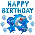Detalle del set de globos de cumpleaños de tiburón azul con letras de aluminio - Combo de Cumpleaños de Tiburón