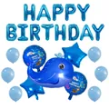 Set de cumpleaños tema océano azul con globo de ballena y banner de Happy Birthday - Combo de Cumpleaños de Ballena