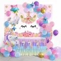 Unicorn birthday party kit with macaron balloons, floral backdrop and ruffled table skirt - Unicorn Balloon Arch No Number Style