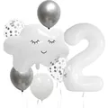 Wolken-Smiley-Ballonset mit großer weißer Nummer 2 für die Dekoration zum 2. Kindergeburtstag - Zahl 2