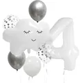 Weißes Wolken- und Zahl 4 Ballon-Set mit silbernen Latex- und Konfetti-Ballons - Zahl 4