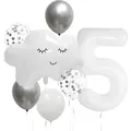 White cloud smile face balloon set with number 5 and silver confetti latex balloons - Number 5