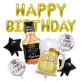 Whiskey and beer foil balloon set for birthday party decorations with gold and black stars - Birthday Whiskey Bottle Balloon Bundle B
