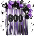Halloween party decoration kit with BOO balloon arch, bats, and purple fringe curtains - Halloween Balloon Arch C (Fringe Backdrop Style)