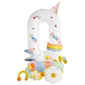 Detail der aufblasbaren Nummer 0 Ballon mit Geburtstags-Text und Smiley Gänseblümchen - Nummer 0 Stil
