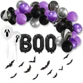 Halloween balloon arch kit with purple, black, silver balloons and BOO foil letters - Halloween Balloon Arch A (BOO Letter Style)