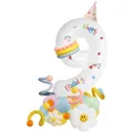 Detail of number 9 birthday balloon stand with daisy and macaron party decorations - Number 9 Style