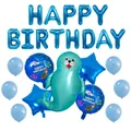 Set de globos de cumpleaños tema océano azul con letras y globo de aluminio de foca - Combo de Cumpleaños de León Marino