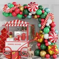 Kit de arco de globos navideños con globos de látex rojo verde y bastones de caramelo - Estilo Caja de Regalo Dorada