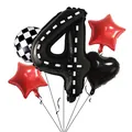 Racing themed number 4 balloon set with checkered flag and red stars for kids birthday - Racing Number 4 Style