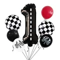 Rennwagen 1. Geburtstag Ballon-Set mit schwarzer Zahl Eins und Zielflaggen - Zahl 1