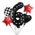 Racing party set with number 6 race track foil balloon and red stars for 6th birthday decor - Racing Number 6 Style