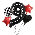 Racing themed party set with black race track number 9 balloon and red stars - Racing Number 9 Style