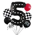 Rennauto-Geburtstagsset mit Ballon Nummer 5 und karierten Flaggenballons - Zahl 5