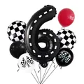 Rennwagen-Set mit großer Nummer 6 Ballon, Karoflaggen und farblich passenden Latexballons - Zahl 6