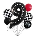 Rennwagen Partydeko mit großer Nummer 9 Ballon und karierten Folienballons Set - Zahl 9