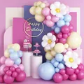 Daisy themed balloon arch kit in macaron pink and blue for girl's birthday party - Rose Red Macaron Blue Combination