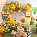 Jungle safari balloon arch kit with olive green balloons and cartoon animal backdrop - Avocado Green Animal Theme