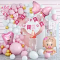 Pink and white baby shower balloon arch kit with tooth and bow foil balloons - Girl First Tooth Theme
