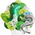 Dinosaur birthday party kit with green foil dino, silver number 2, and palm leaf balloons - Number 2 Style
