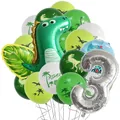 Dinosaur birthday party balloon set with green T-Rex, silver number 3, and tropical leaves - Number 3 Style